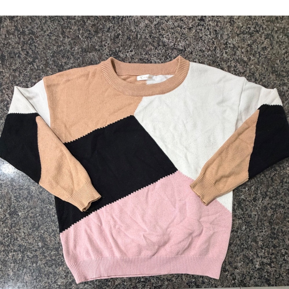 Women Colorblock Geometric Crewneck Sweater Pink Tan Black White Knit Top